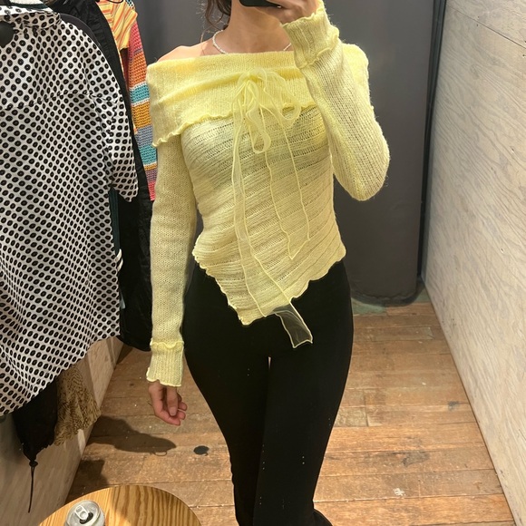 Urban Outfitters Kimchi Blue Yellow Fiona Off the Shoulder Sweater with Bow - Picture 13 of 14